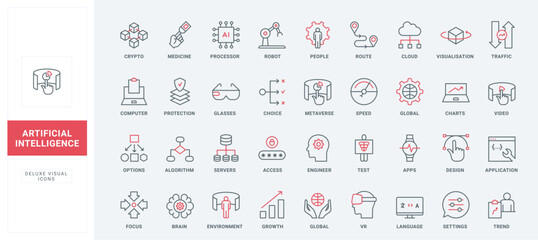 AI, digital brain language and settings line icons set. Crypto technology and data protection, robot and focus on trends, graphic design thin black and red outline symbols vector illustration © Iconic Prototype