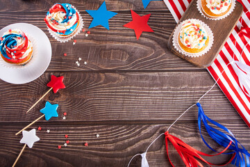 Independence Day Fourth of July USA American patriotic party. Cupcakes with american symbols.