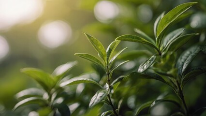 Obraz premium Green tea leaves at tea plantation in rays of sunset