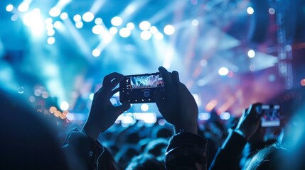 Individual capturing the live concert with a smartphone, focusing on the stage and audience.