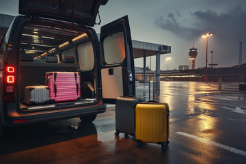 Airport transfer with a minivan and luggage in the foreground