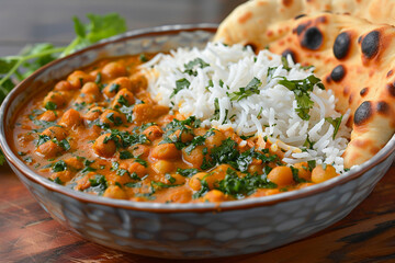 A vibrant and flavorful vegetarian curry dish, served with basmati rice and naan bread.