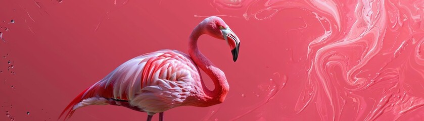 Fototapeta premium Illustrate a high-angle view of a flamingo with intricate digital detailing, showcasing its delicate feathers and slender legs in a photorealistic style that pops off the screen, perfect for a modern