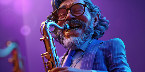 Saxophonist in glasses and suit playing saxophone against purple background in animated image