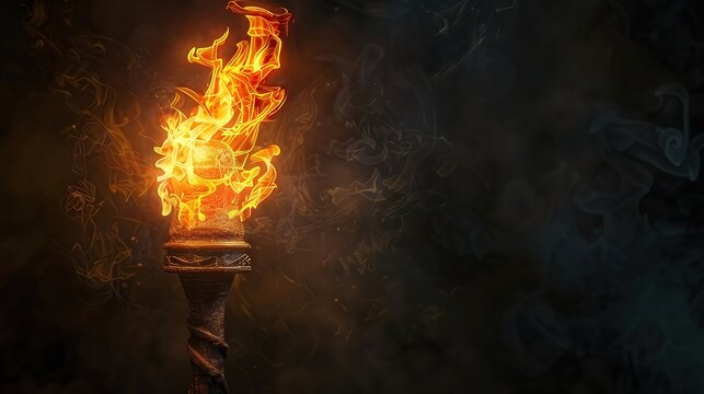 Illustration of a wooden torch fire. 3d medieval fire lamp. Combustion element design
