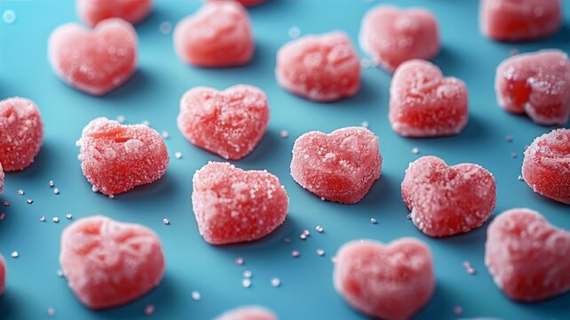 Valentine's Day pattern made of pink candies on a pastel background, 3D. Greeting card design for Wedding, Mother's day, Easter, Valentine day.  for banner, with copy space
