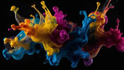 Colorful ink in water on a black background. Abstract background, Explosion of colored smoke on black background. 3d illustration, AI Generated