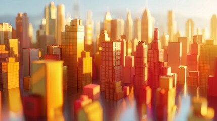 City skyline of  building, golden and red Material in 3d.