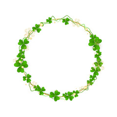 Realistic shamrock twisted wreath. Elegant intertwined clover branches