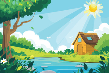 Fototapeta premium Village house at river side, Village scene with along the river, Scene with wooden cottage in the field by the river, Vector illustration