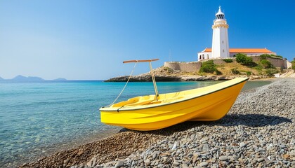 Travel Beach Concept, yellow boat in front of a lighthouse
