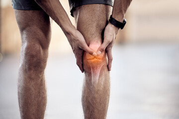 Man, athlete and knee pain in gym, injury and muscle sprain or tender from exercise. Male person,...