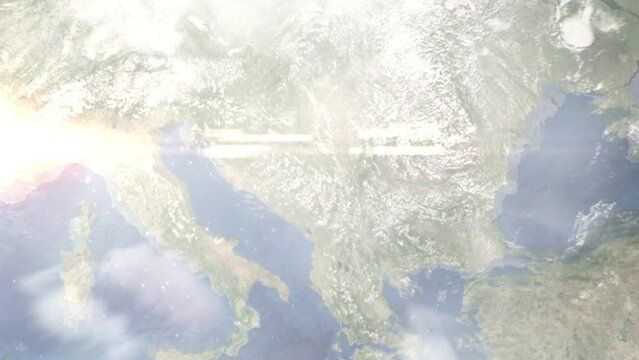 Zoom in from space and focus on Uzice, Serbia. 3D Animation. Background for travel intro. Elements of this image furnished by NASA	