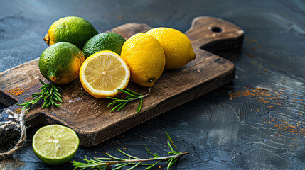 Cutting board with ripe lemons and limes on dark background