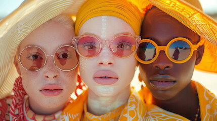 Diverse individuals with different skin colors, wearing sunglasses and hats. Racial and ethnic diversity concept.