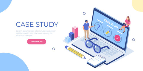 Case study concept. Characters analyzing data for research and planning methodology. Isometric vector illustration.
