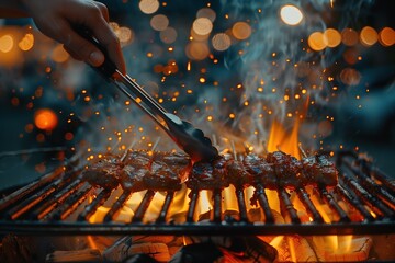 A hand holding tongs turns meat on a fire grill at a night backyard party