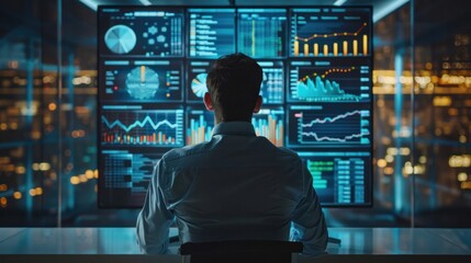 Fototapeta premium Businessman looks at graphs and charts showing market growth trends. Leverage this valuable information to inform strategic decisions and capitalize on emerging opportunities.