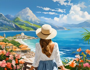Travel Beach Concept; person watching the sea and mountain views