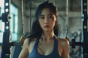 Young Asian woman in a fitness gym Wears a sports bar outfit, has beautiful skin, a good figure, and beautiful long black hair. Generative Ai