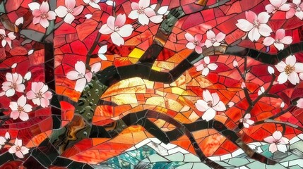 Japaneese nature Mosaic , sacura blossom, Stained Glass Illusion 
