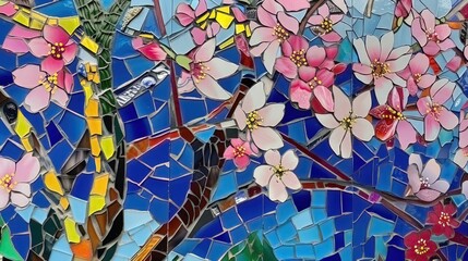 Japanese natural mosaic, cherry blossom, and stained glass illusion
