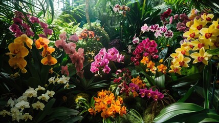 Fototapeta premium Diverse orchids thriving in a lush greenhouse environment.