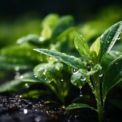 Close-up of watering system in a greenhouse, droplets on lush green leaves, space for text, minimalist style