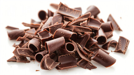 Delicious chocolate curls on white background