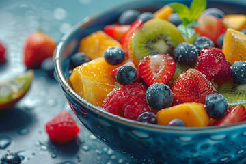 A colorful fruit salad in a vibrant bowl, ready to be enjoyed