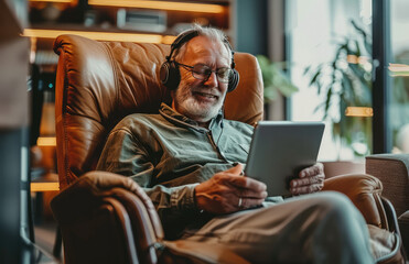 Senior man relaxing with a tablet. Concept or elderly people using technology