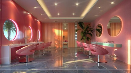 Vibrant Salon Interior Stylish Hairdressing Studio with Colorful Lighting