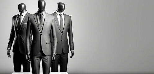 Group of mannequins in men traditional costumes, gray background isolate. AI generated.