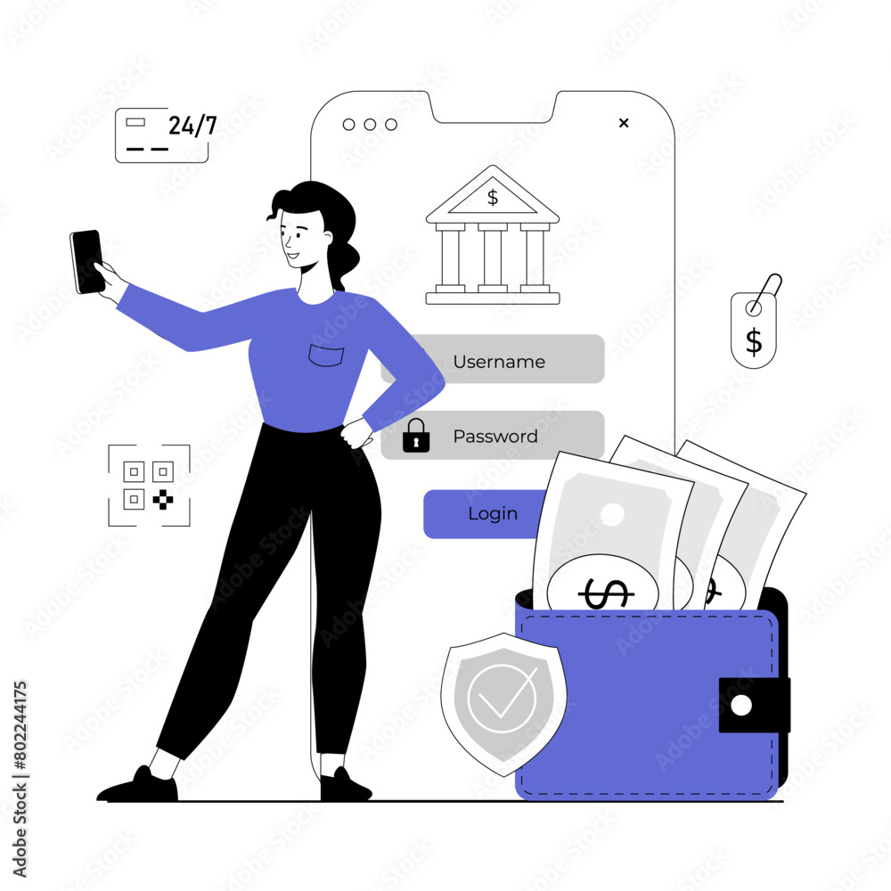 Wall mural mobile banking concept. secure online payment. woman gets access with password to mobile banking for
