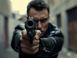 Obraz premium Intense focus as a man aims a handgun directly at the viewer, evoking concepts of danger, defense, and confrontation.