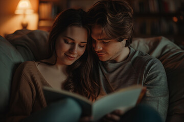 An intimate photo of a couple absorbed in reading a book together in a soft-lit cozy room