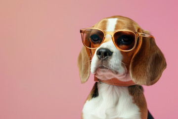 Creative animal concept. beagle dog puppy in sunglasses isolated on solid pastel background, commercial, editorial advertisement, surreal surrealism