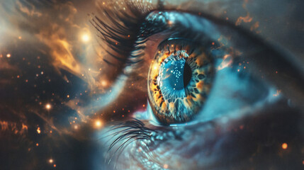 extreme closeup shot of an eye, focus on the iris and pupil, streaked with light, illuminating the gold and green details.