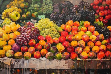 Illustrate a panoramic view of a bustling farmers market overflowing with a rainbow of fresh fruits, inviting viewers with a traditional oil painting technique that exudes rich textures and colors