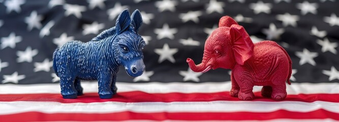 A blue donkey and red elephant on an American flag background.