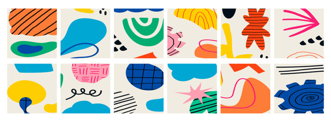Big Set of Twelve abstract backgrounds. Hand drawn various shapes and doodle objects. Contemporary modern trendy Vector illustrations. Every background is isolated.