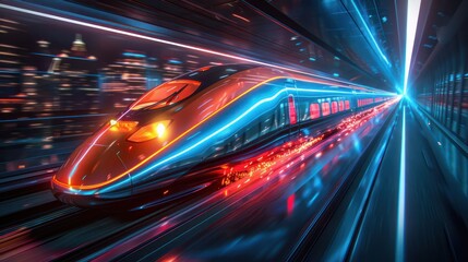 High Speed Train Passing Through City at Night