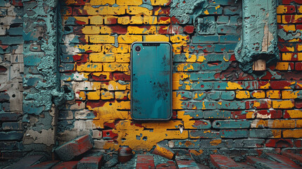 A phone mockup displayed on a brick wall with a graffiti art background, merging technology with...