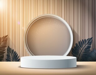 Beige background for product presentation with shadow Podium, stage pedestal platform for cosmetic product. Empty round podium. Mockup.