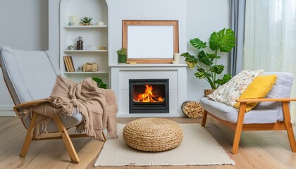 Scandinavian interior design of modern living room, home with fireplace and big poster frame.
