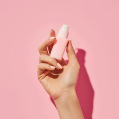 Elegant Hand Displaying Pink lotion bottle
