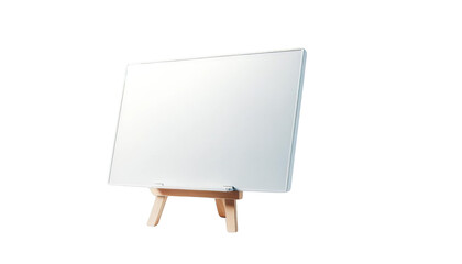 A white board with a wooden stand, white background, transparent background