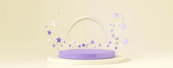 Pastel Yellow Backdrop with Royal Purple Podium and Playful Stars - A Dreamy Scene for Product Showcases