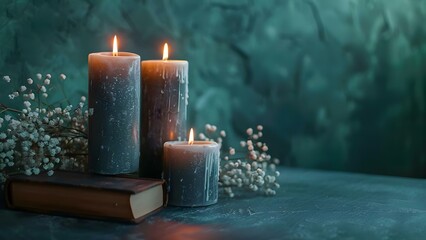 Dark room with candles and ritual book for magic ceremony . Concept Magic Ritual, Candlelit Setting, Dark Room, Occult Ceremony, Mysterious Ambiance