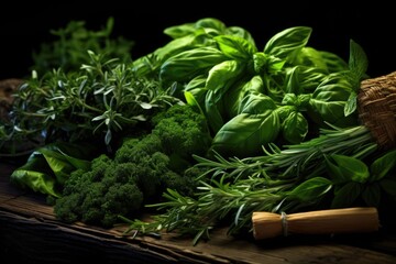 Variety of fresh herbs on a wooden table. Selective focus.